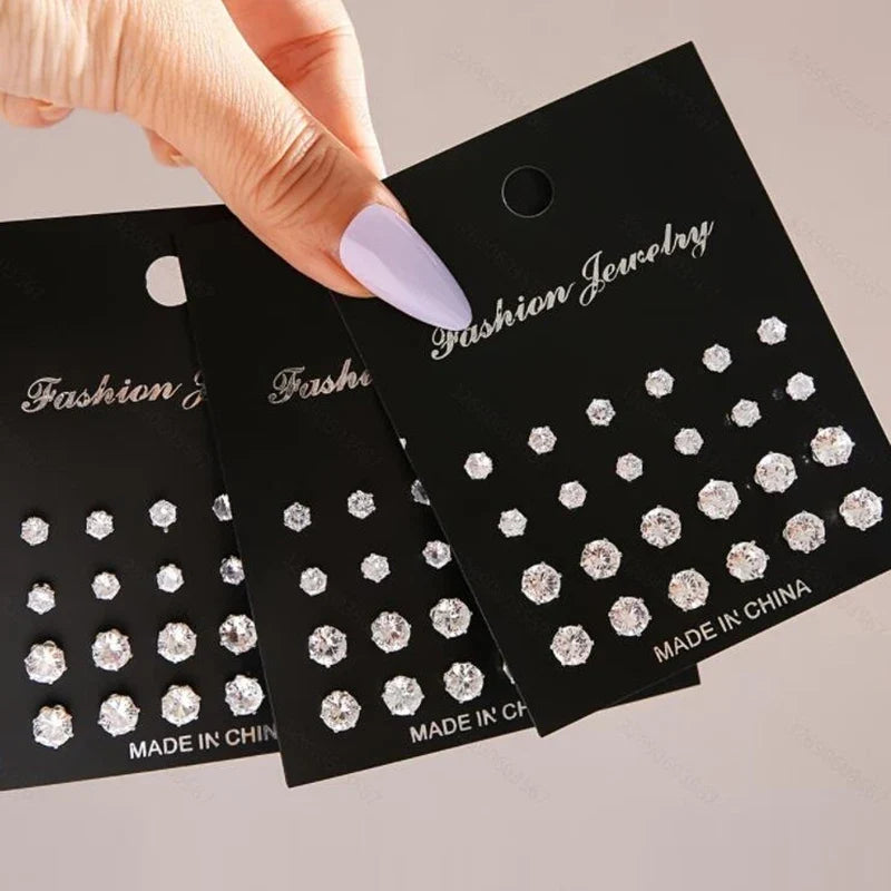 12/24/36 Pairs Shiny Zircon Stud Earrings Set Daily Versatile Chic