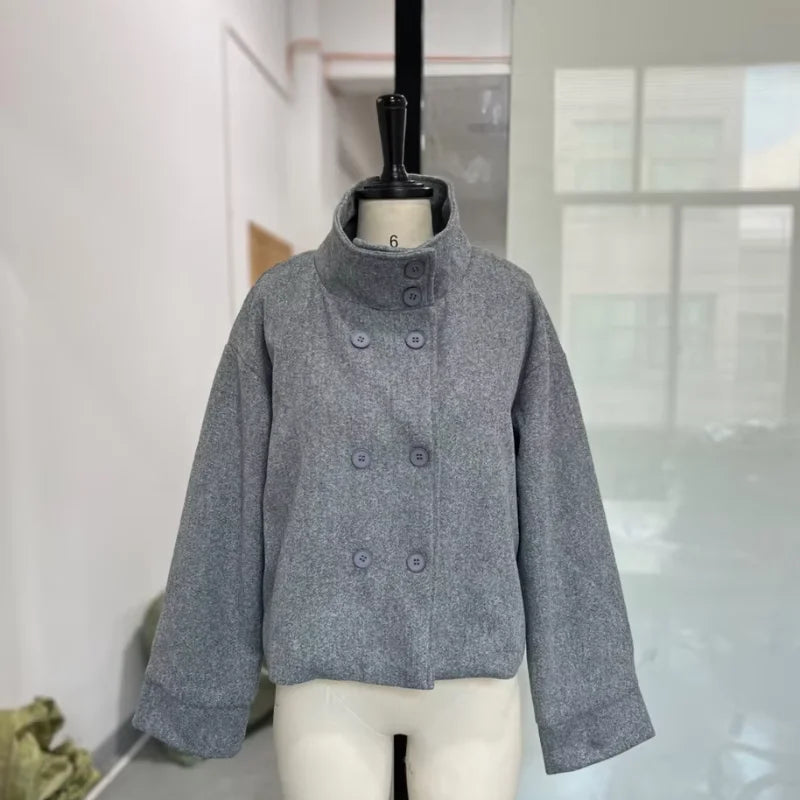Fashion Short Woolen Coat For Women Stand Collar Full Sleeve Loose Zipper Jacket Female 2025 Spring Autumn Solid Lady Outwear