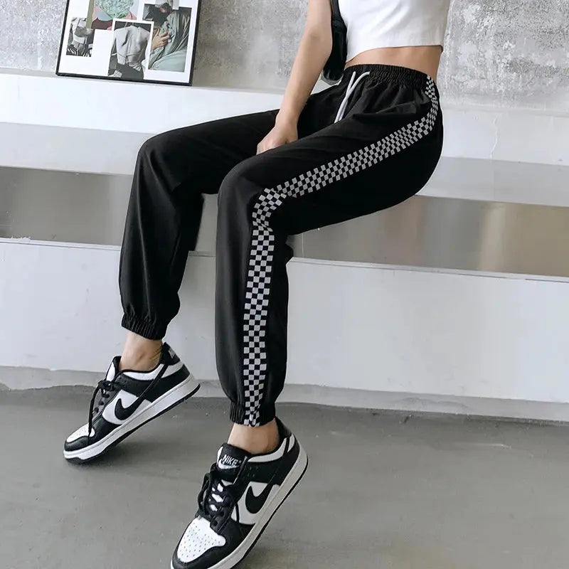 Women's Elastic High Waist Checkered Pants