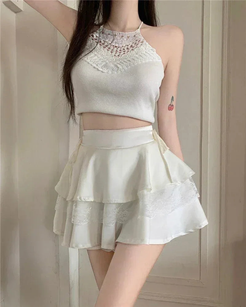 Y2K Sweet Solid Women Mini Skirt Summer High Waist Lace Patchwork Ladies Ball Gown Fashion All Match Ruffles Female Skirt