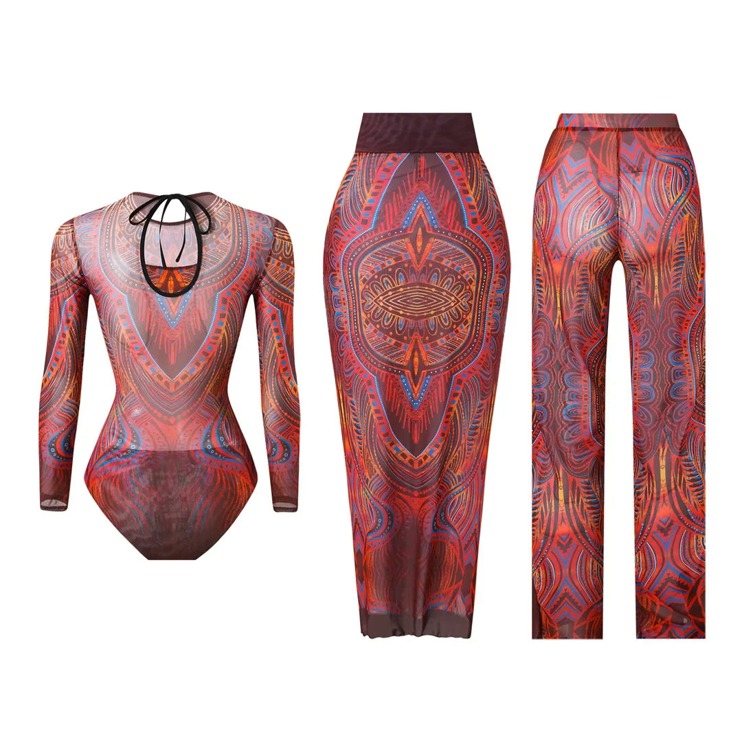 S - XXL 3PCS New Printed Long Sleeve With Pants Sarong Women Swimwear One Piece Swimsuit Female Bather Bathing Suit Swim V7180