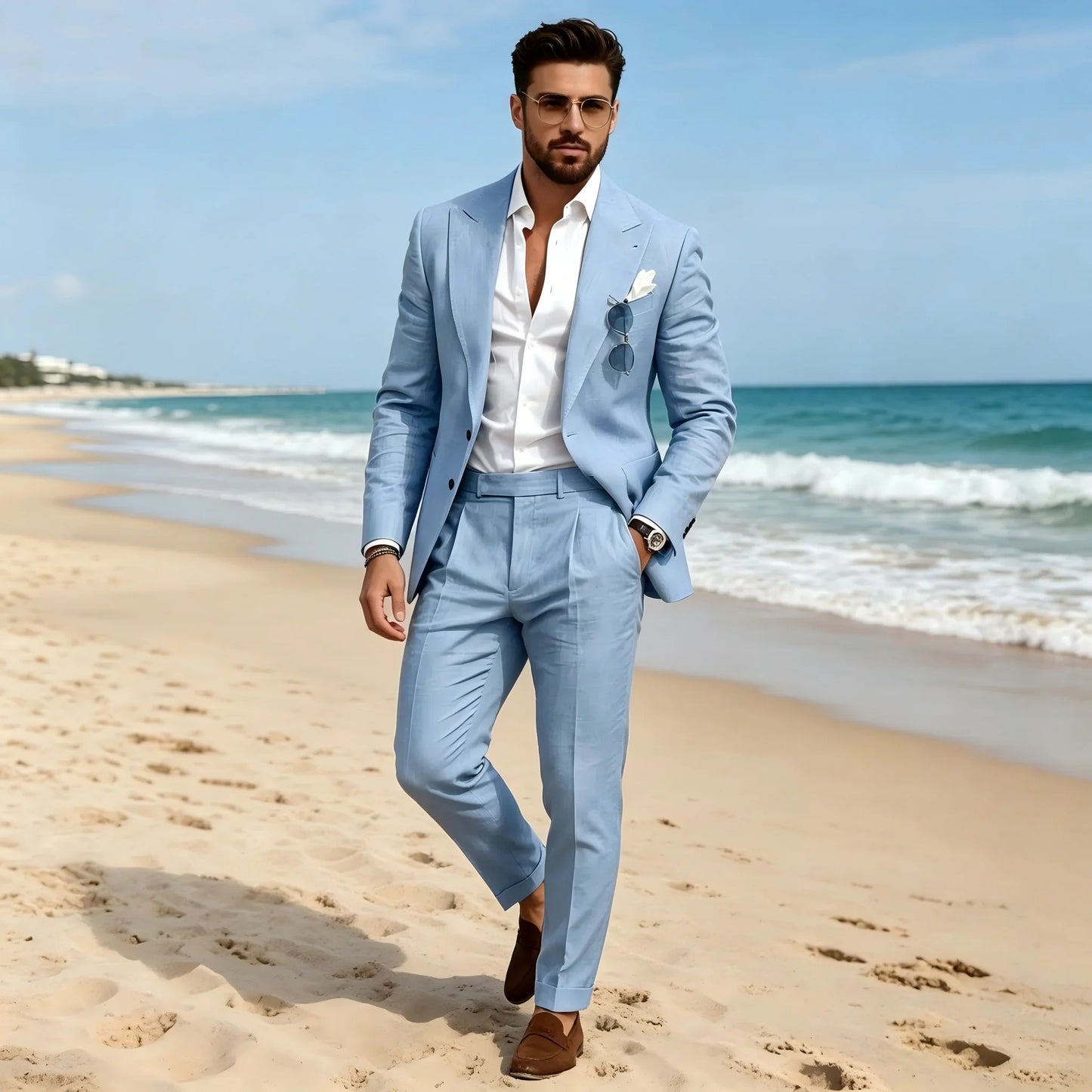2 Pieces Beige Linen Men Suits Peaked Lapel Slim Fit Blazer Pants