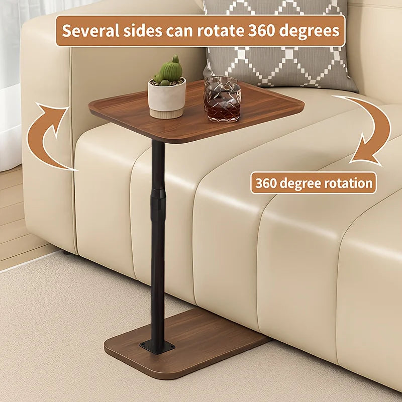 Adjustable Height Side Table, Wood Grain Sofa Couch End Table with Anti-Slip Groove Lip, Freestanding Height Adjustable Laptop Snack Table, Carbon Steel Frame Side Desk for Bedroom Living Room Small Space