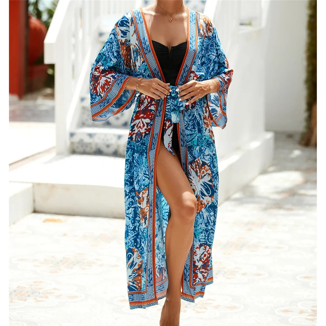 13 Colors Printed With Belt Crochet Knitted Tunic Beach Cover Up Cover-ups Beach Dress Beach Wear Beachwear Female Women K7201