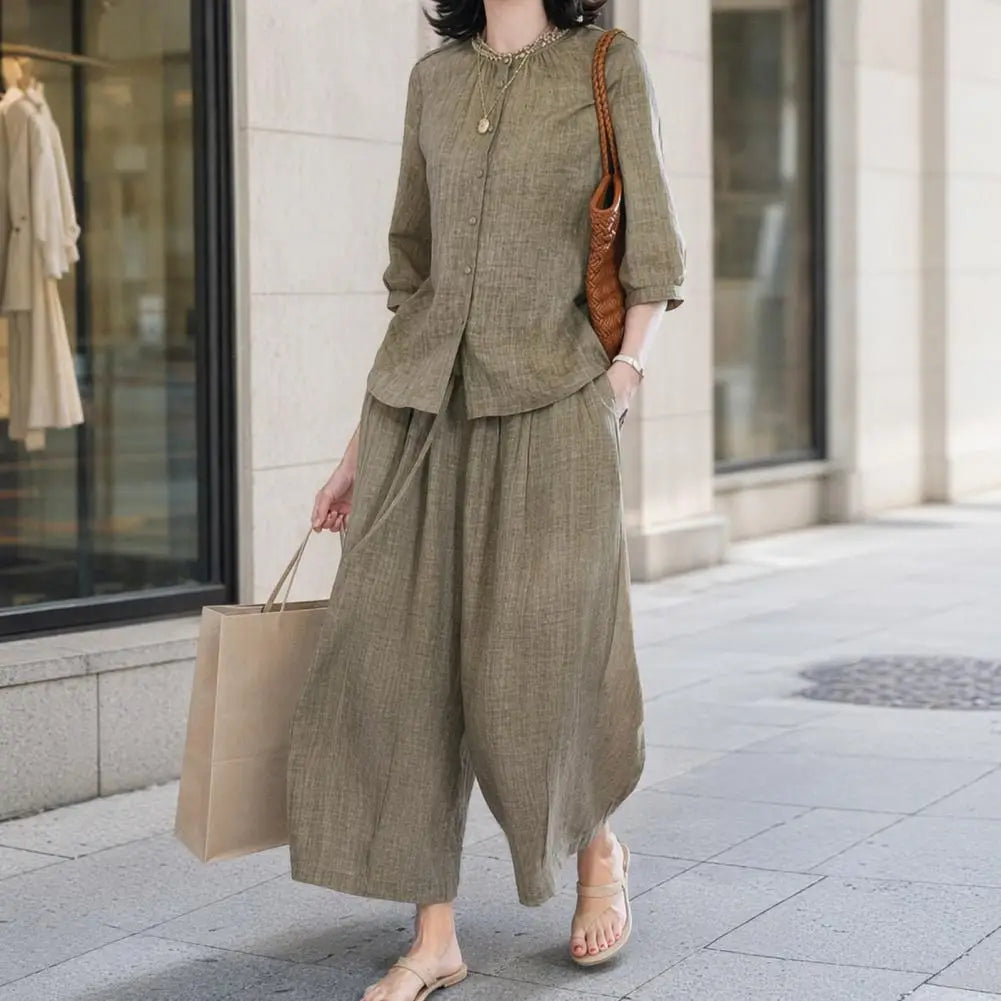 2026 Plus Size Casual Suit Women 2 Piece Cotton Linen Sets, Button Down Short Sleeve Top And Wide Leg Pants Casual Loose Lounge
