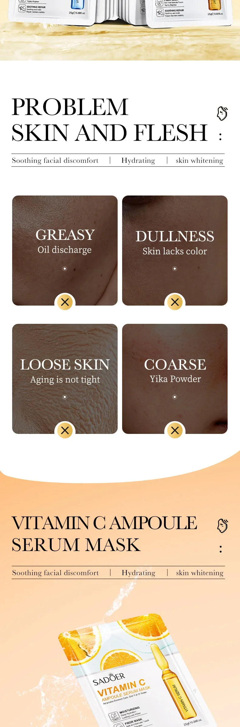 10pcs SADOER 24K Gold Vitamin C Hyaluronic Acid Face Mask Facial Moisturizing Firming Hydrating Facial Masks Skin Care Products