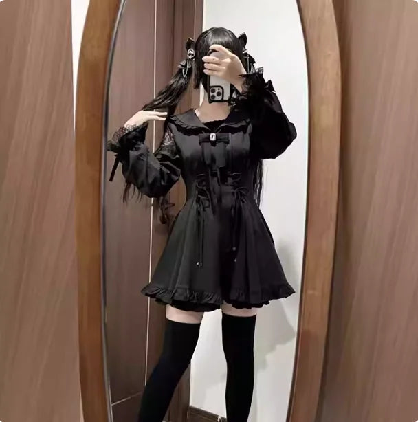 Large Size Spring Autumn Sweet Black Sailor Collar Long Sleeve Japanese Dress Shorts High Waist A-line Bow Age Reduction Sets