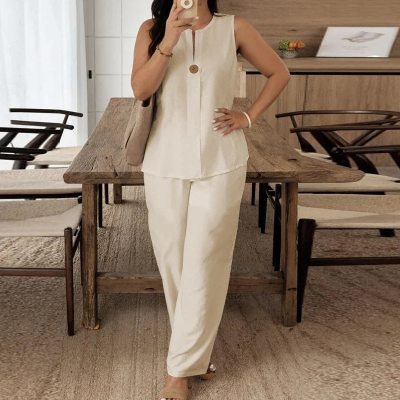Summer O Neck Button Vest Shirt Wide Leg Pants Suit Women Casual Two Piece Set Solid Color Comfortable Holiday Outfits White