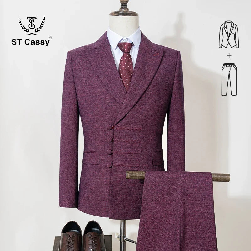 ST Cassy Elegant Men Suit for Wedding Slim Fit Double Breasted Multiple Buttons Casual Business Man 2 Piece Set Party Outfit