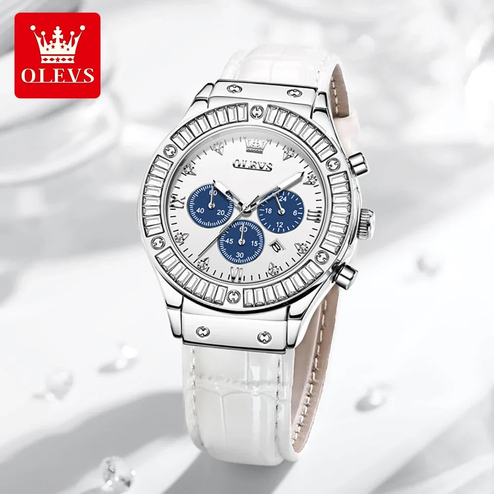 OLEVS 9978 Women Watch Original Quartz Watch Waterproof Leather Strap Multifunctional Chronograph Watch Bracelet Set Gifts Box
