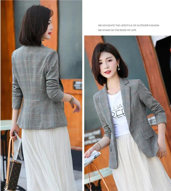 Blazer a cuadros a rayas grises, chaqueta, abrigos delgados de moda para mujer, blazers de mujer con cuello en V de un solo botón S-XXXXXL
