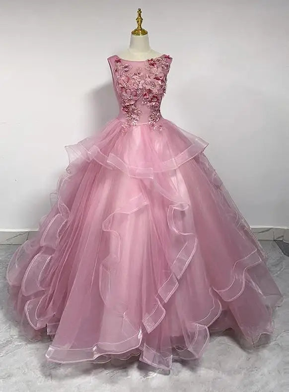 Vestidos de Quinceañera Rosa Oscuro con Cuello Halter sin Mangas para Fiesta de Gala, Vestido de Princesa Sencillo con Flores, Talla Grande Personalizado