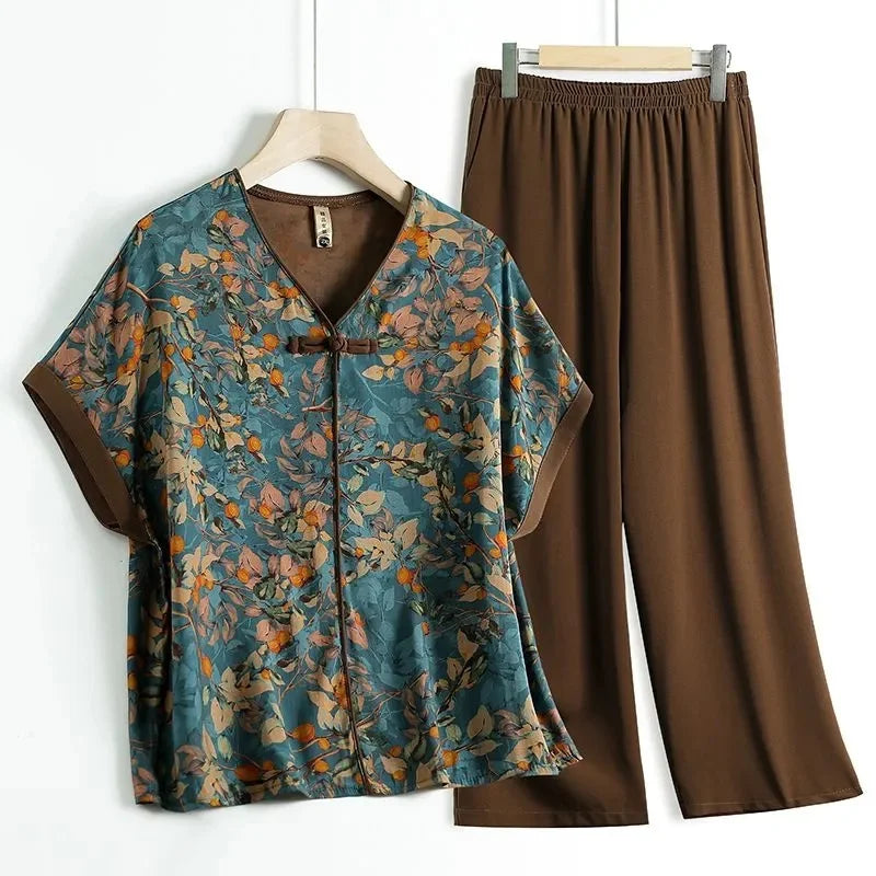 Korean Lady Short Sleeve Blouse Pant 2PCS Middle-aged Mom Large Size 5XL T-shirt Suit Summer Femme V Neck Trousers Two-piece Set