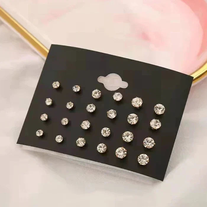 New 12 Pair Pack White Shiny Wedding Stud Earrings Set For Women Men Crystal Rhinestone Earrings Party Jewelry Accessories Gifts
