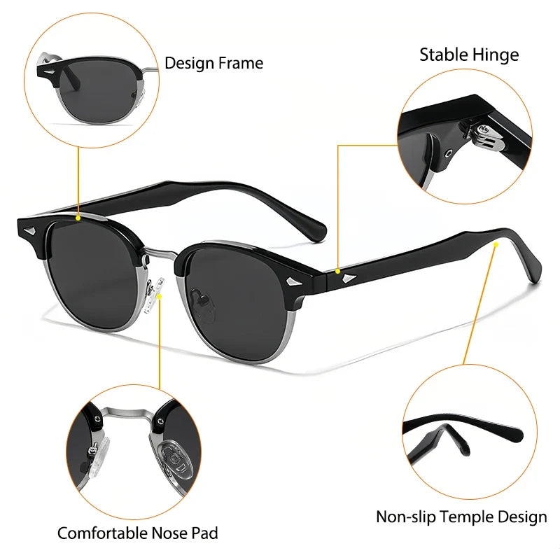 HBK Classic Men's Small Round Sunglasses Semi Frameless Metal Frame Design Sun Glasses Women's Business Outdoor Driving Eyewear