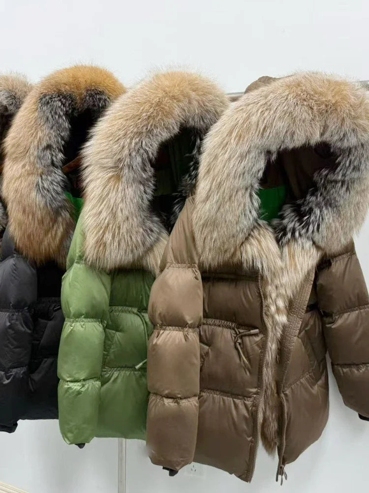 Fox Fur Jacket Women Loose Hooded White Goose Down Coat Female New Autumn Winter Thick Warm Natural Real Fur Puffer Jacket Lady