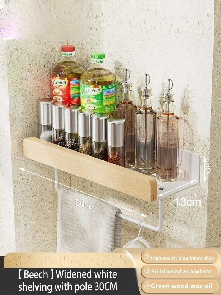 Wood Kitchen Organizer Mounted Spice Rack Kitchen Storage with Hooks for Condiments Kitchen Accessories