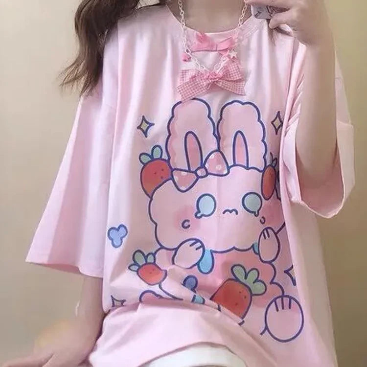 Camiseta de Harajuku de Conejito Fresa Rosa
