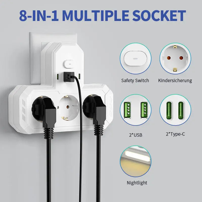 EU plug and socket 4 sockets, multi plug wall power plug and socket without extension cable or USB and Type-C port
