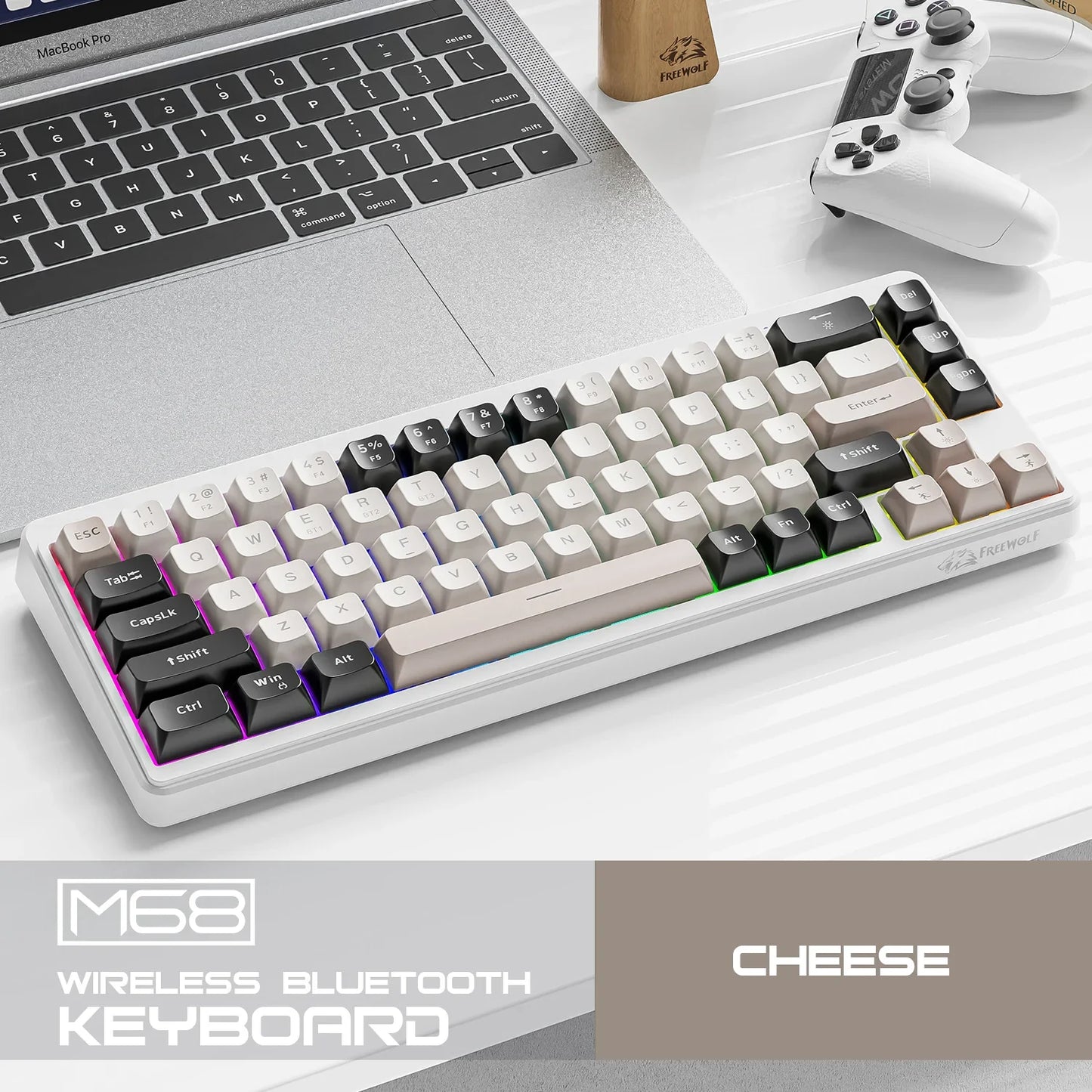 FREEWOLF M68 68 Keys Wireless Keyboard Mouse Combo, PBT RGB Tri-Mode Bluetooth/2.4G/Wired Keyboard, Silent Keyboard Mouse Set