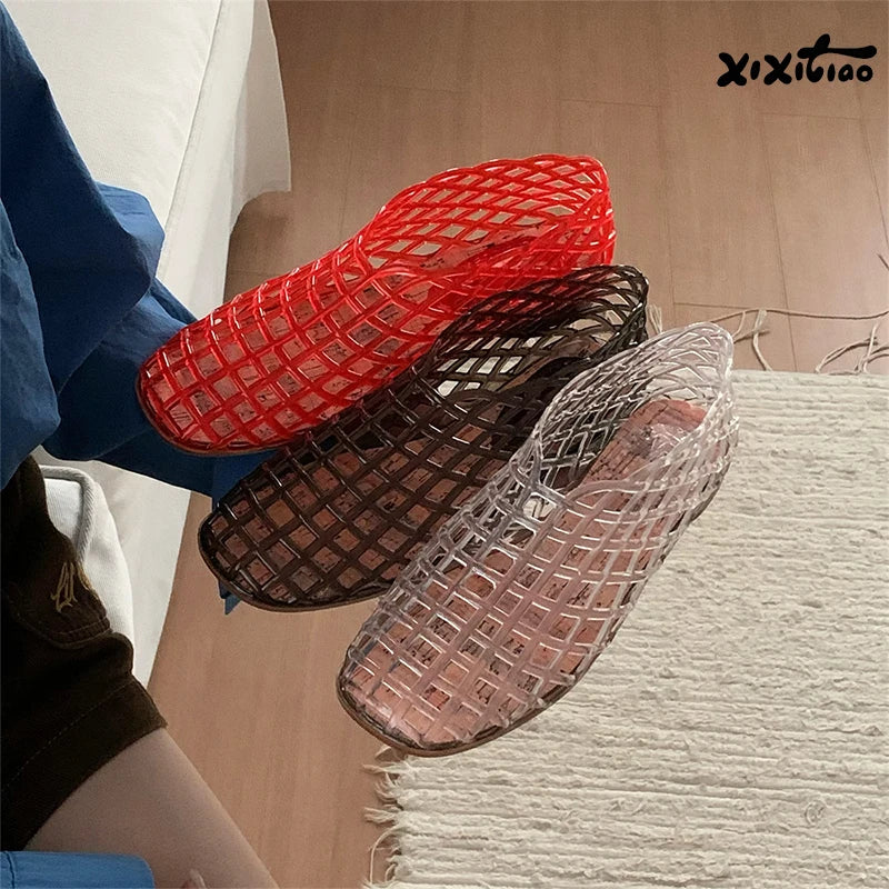 XIXITIAO Women's Sandals Fashion Openwork Sandals Summer Comfortable Anti-slip Flat Jelly Shoes Hollow Outdoor Slip On Footwear