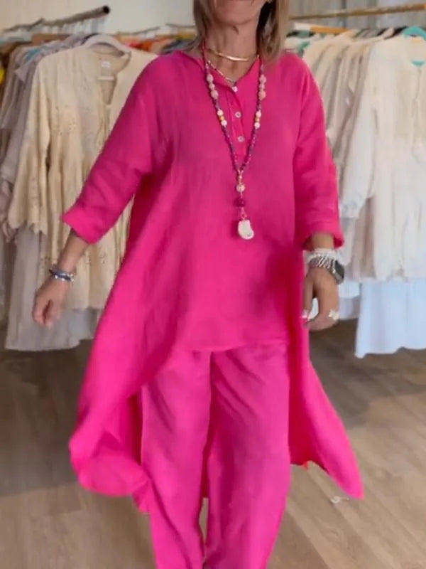 Women's 2pcs Clothing Set Fashion Summer New Suit Casual Long Shirt Blouse Top & Wide Leg Pants Solid Color 2 Piece Sets Outfits