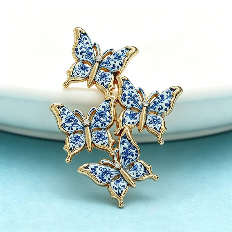 Wuli&baby Blue-and -White Porcelain Collection Animal Brooches For Women Unisex Goat Cat Butterfly Birds Party Office Brooch Pin