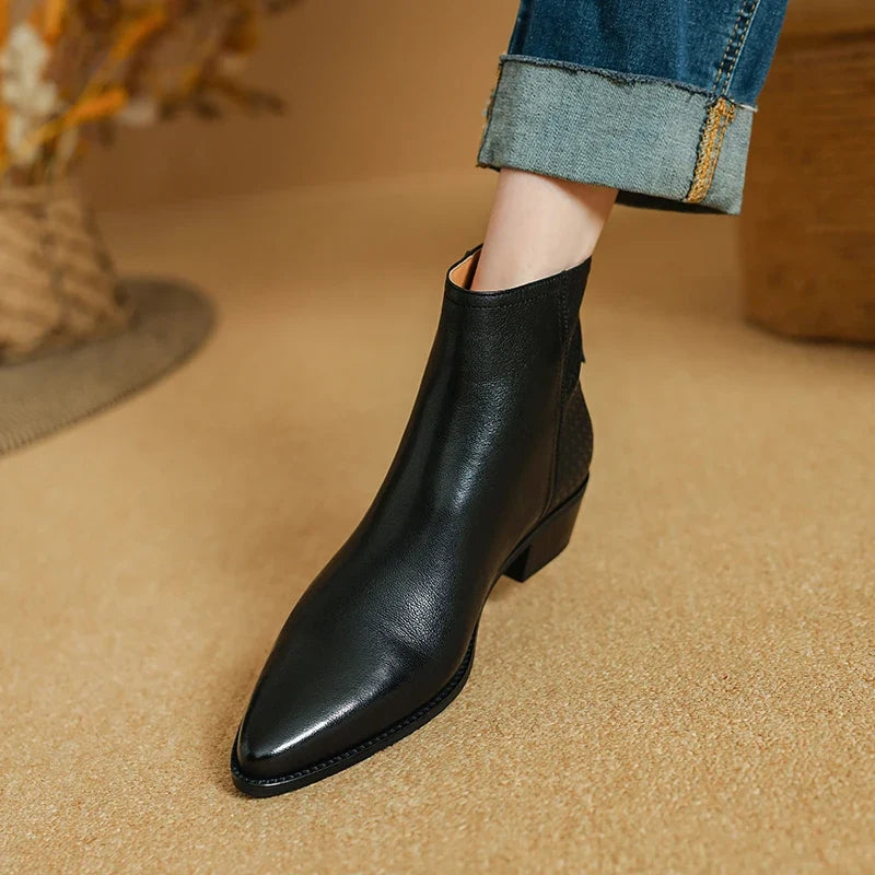 2025 New Autumn Women Boots Pointed Toe Chunky Heel Shoes Genuine Leather Women Shoes Concise Zipper Ankle Boots Western Boots