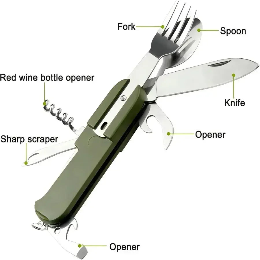 Camping Gear 5-in-1 Stainless Steel Travel Set, Multifunctional Folding Outdoor Utensils