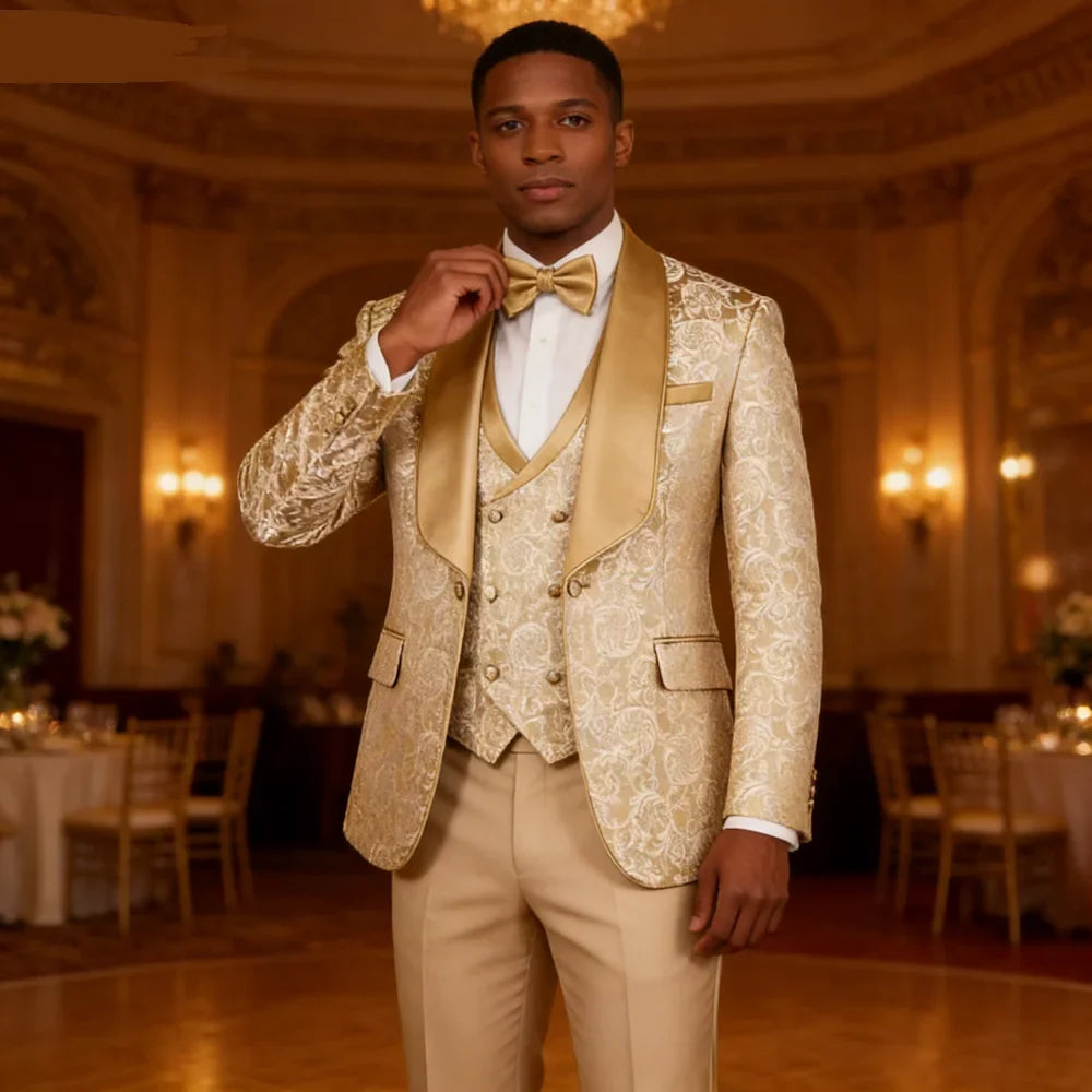 Champagne Jacquard 3-Piece Men's Formal Smoking Suit with Shaw Lapel