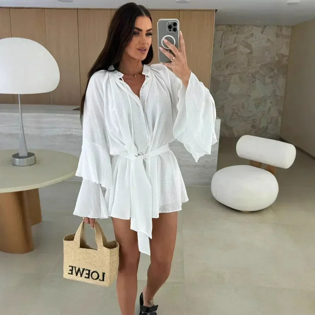 Elegant Fold Dress Women Brown Deep V-neck Long Sleeve Mini Dresses Female 2025 Spring Summer Fashion Loose Lady Vestidos