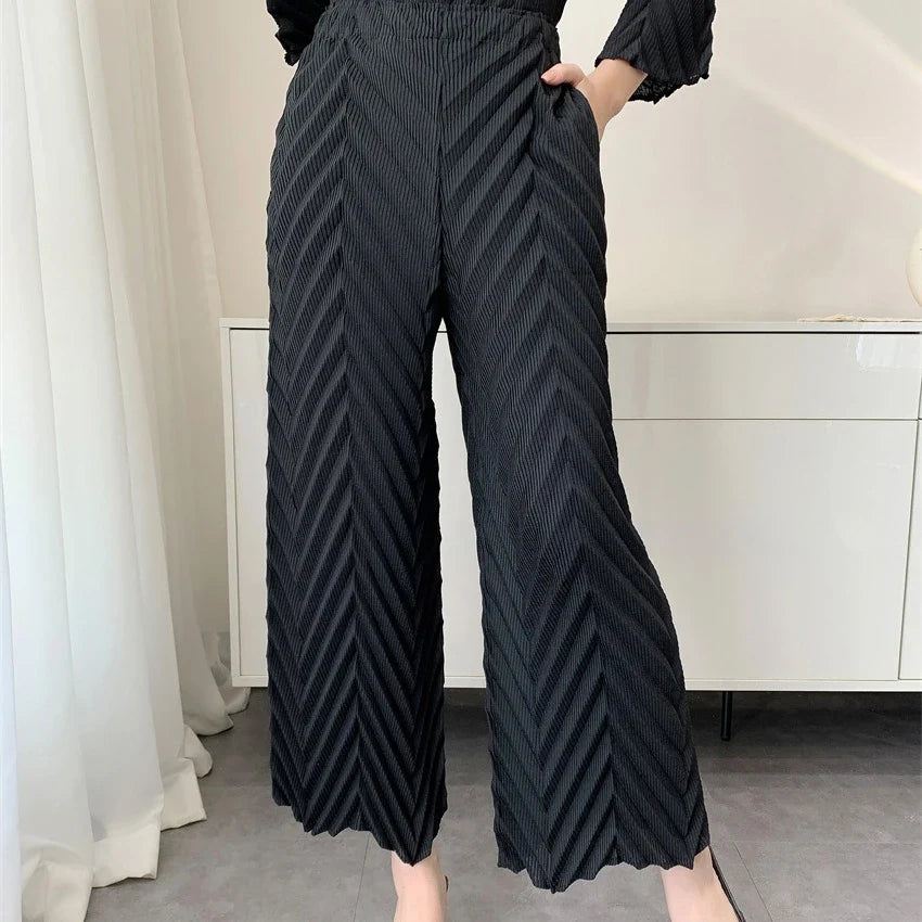2026 Spring New Women Handmade Pleated Pants Set Comfortable Casual Seven Sleeve T-Shirt Top Loose Wide Leg Pants 2 Piece Set