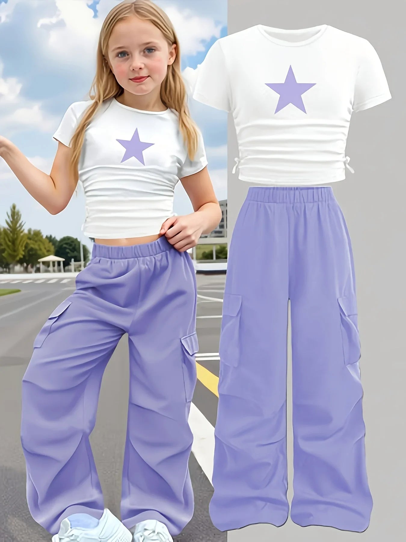 New Summer 2-Piece Set: Star-Print Slim-Fit Crew-Neck Short-Sleeve T-Shirt & Wide-Leg Pants (Stylish Casual Set for Girls)