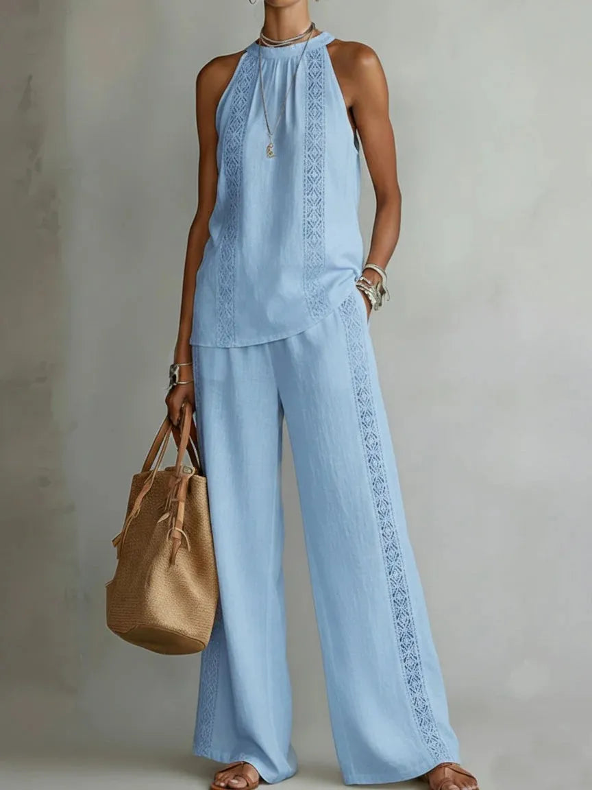 Sexy Halter Neck Sleeveless Tops Women's Suit Summer New Fashion Loose Retro Hollow Lace Pocket Wide Leg Pants 2-piece Set 2026