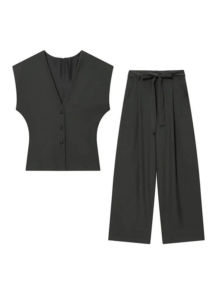 Women Fashion 2-Piece Set Single-breasted Sleeveless V-Neck Pinstripe Vest+Summer Pleated Loose Pocket Belt Zipper Pants