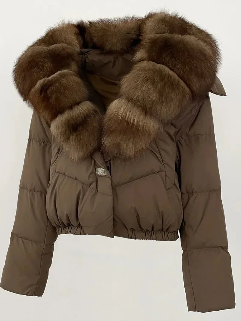 Down Jacket Women Short Puffer Jacket Thick New Big Natural Real Fox Fur Coat  Autumn Winter Female White Duck Down Coat Feather