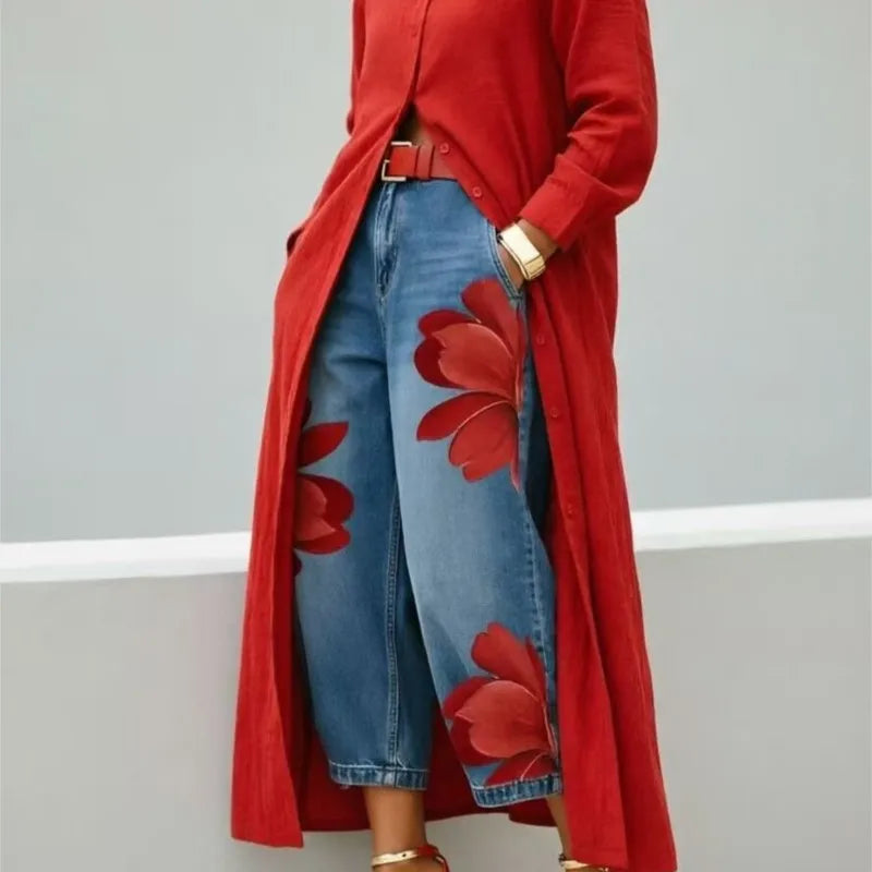 Women's Print High Waist Jeans And Shirts Dress  Loose Wide Leg Denim Pants Casual Trendy Trousers And Maxi Dress Women Clothing