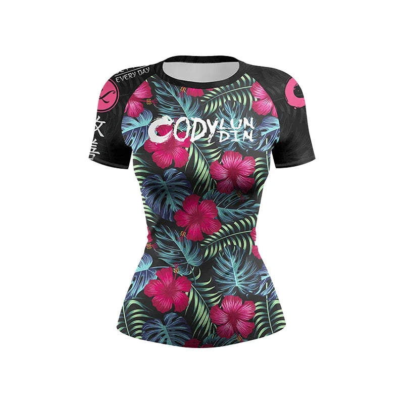Flower Print Women Rash Guard Gym Clothes MMA Compression Yoga Wear Jiu Jitsu Rashguard T-shirt+Pants Boxing Grappling 4pcs/Sets
