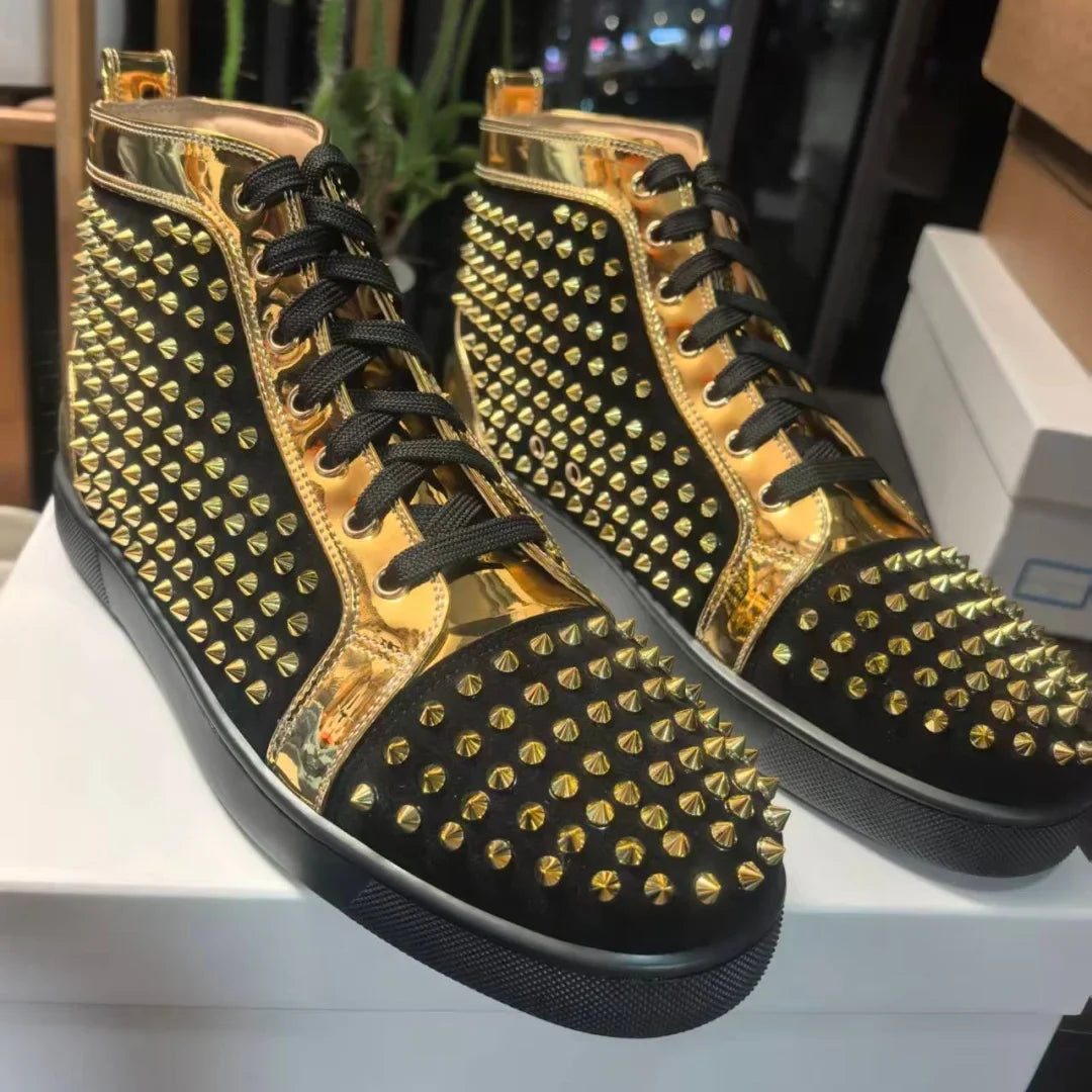 High-Top Shoe Gold Patchwork Black Leather Red Sole Sneakers Unisex Full Rivets Decorate Flat Sole Lace-Up Causal Sports Shoes