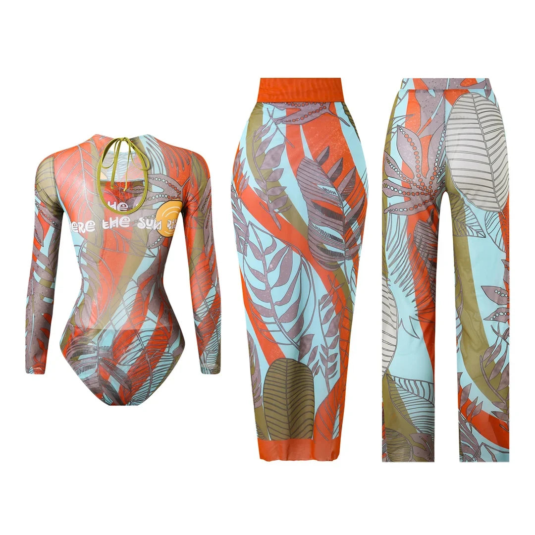 S - XXL 3PCS New Printed Long Sleeve With Pants Sarong Women Swimwear One Piece Swimsuit Female Bather Bathing Suit Swim V7180