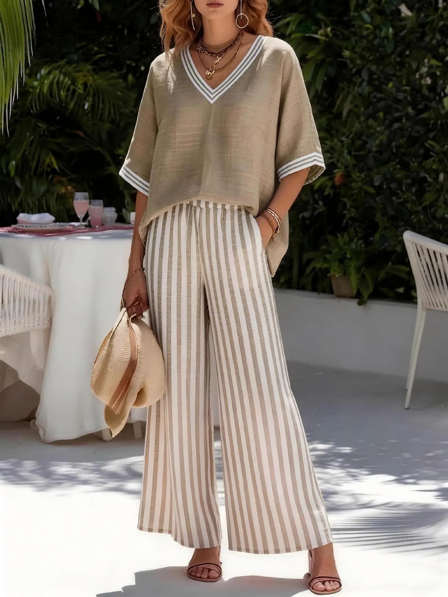 Women's Linen Two Piece Set Fashion V Neck Contrast Half Sleeve Loose Top High Waist Striped Wide Leg Pants Summer Casual Outfit