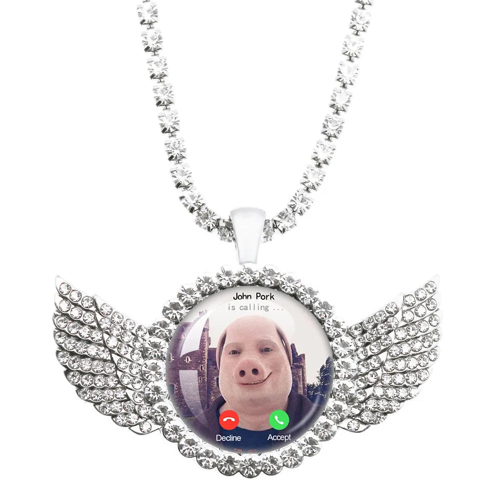 John Pork Is Calling Answer Call Phone Humor Funny Pig Lover Graphic The Moon Necklace Angel Wings Pendant Necklace Jewelry Gift