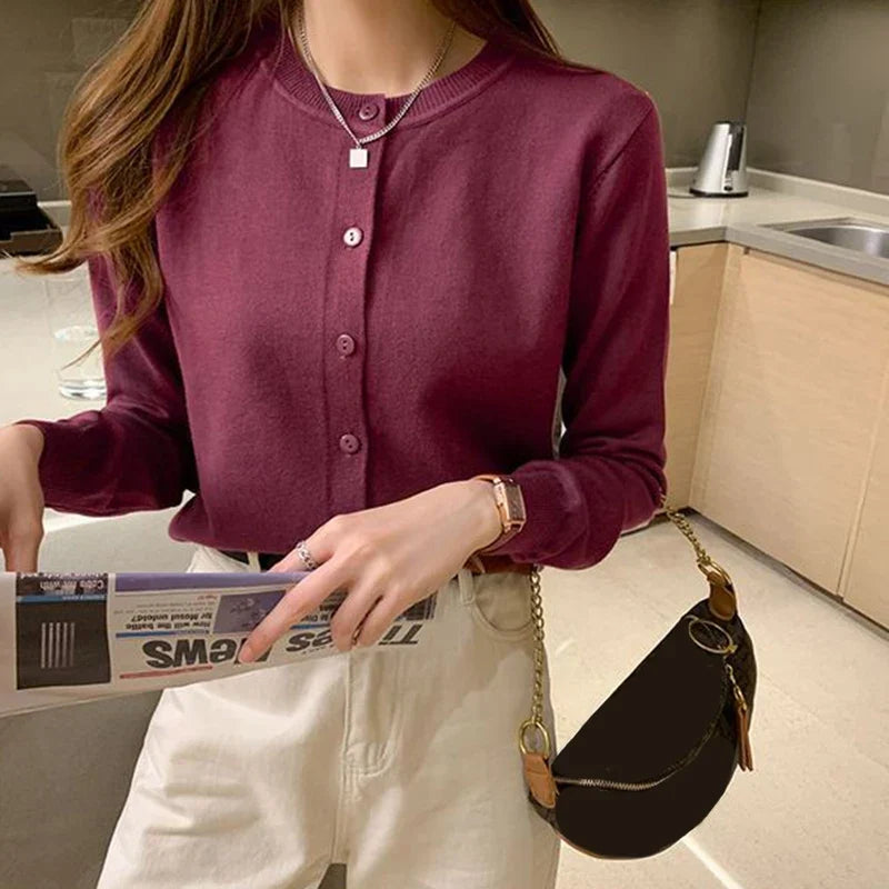 Rimocy Knitted Cardigan Jacket Women 2025 Spring Autumn Round Neck Casual Cardigans Woman Solid Color Slim Korean Jumpers Female