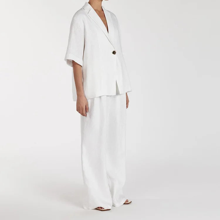 2026 New Cotton Turn-Down Collar Half-Sleeve Top Wide-Leg Pants Two-Piece Set Women, Simple And Fashionable Commuting Outfit For