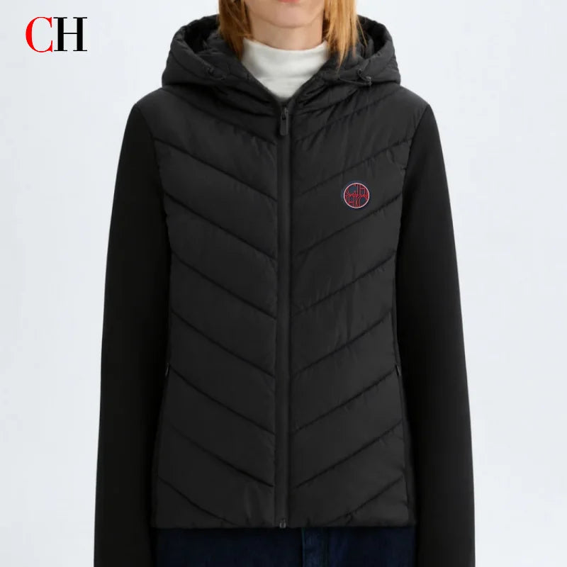 CH Womens Circular Chest Patch Badge Chevron Quilted Hooded Puffer Jacket Panel Sleeves Daily Commute Wear