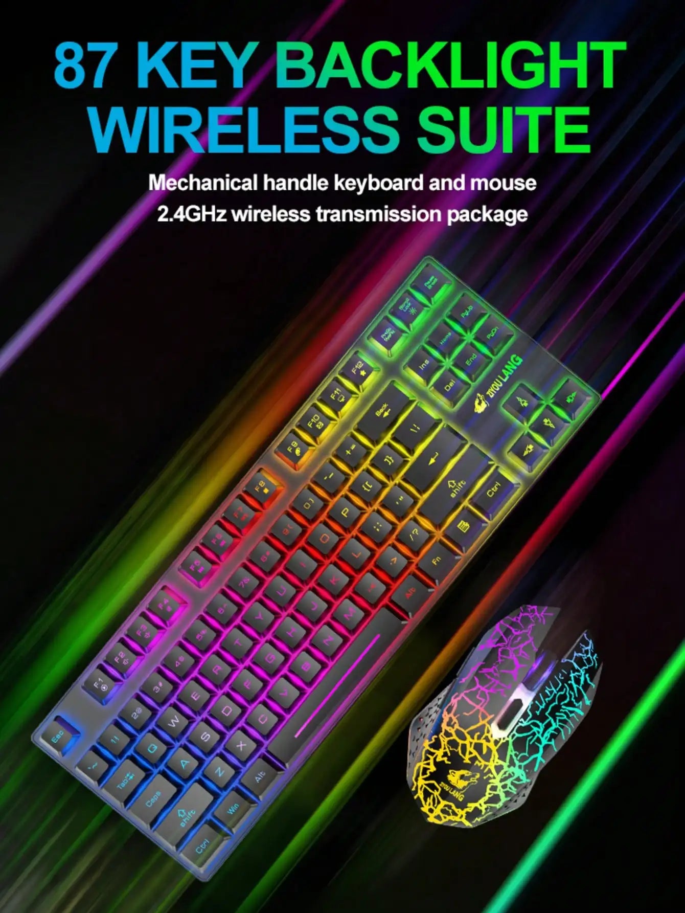 Free Wolf T87 Wireless Charging Keyboard Mouse Set Game Luminous Wireless Keyboard and Mouse Set