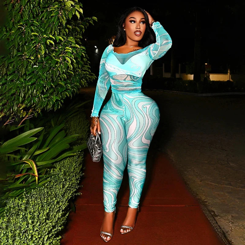 Mesh see through long sleeved top, tight pants, vortex print two-piece set