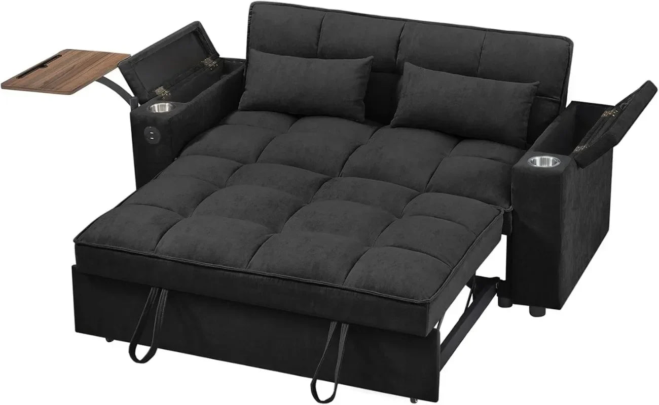 hansones 65'' 3-in-1 Folding Convertible Sofa Bed, Pullout Sofa, Modern Chenille Fabric, 360° Swivel Side Table, Easy Assembly,