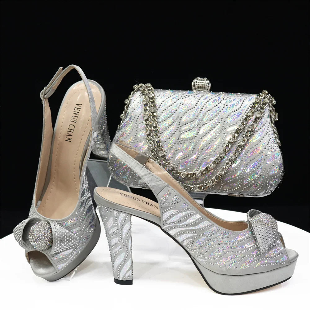 Conjuntos de zapatos y bolsos italianos para fiesta de noche con pedrería HJK1-60