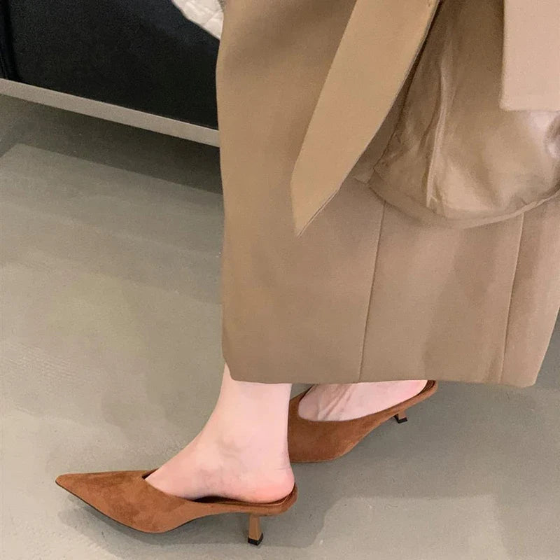 Summer Fashion Thin Mid Heels Women Slippers Elegant Pointed Toe Party Dress Mule Slides Shoes Zapatos Mujer